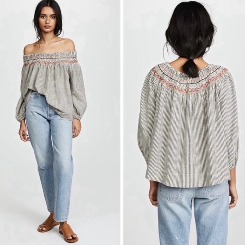 The Great. Vista top rail stripe embroidered smocked  linen cotton Boho sz 0